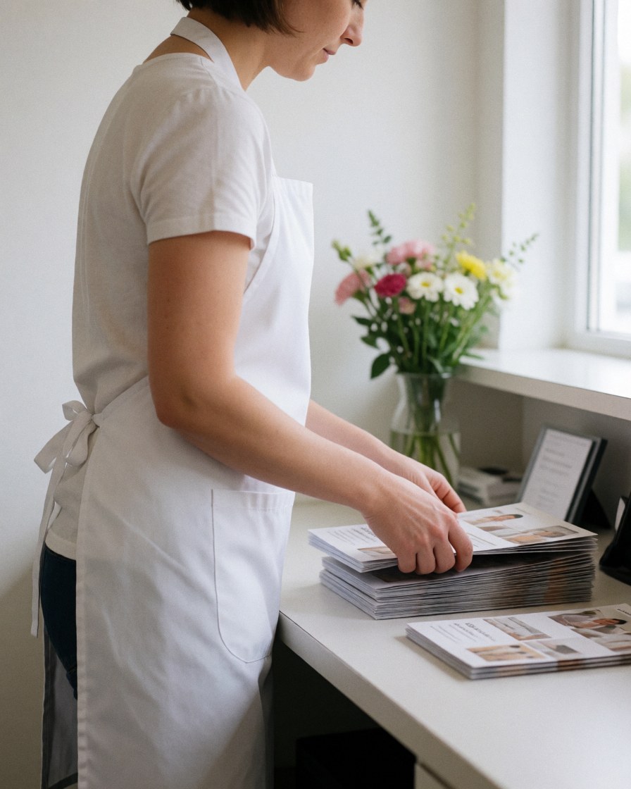 A clean and organized reception desk featuring brochures, a vase with fresh flowers, and natural light from a nearby window, creating a serene atmosphere for wellness clients.