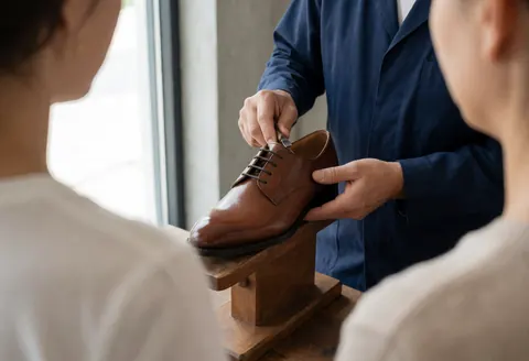 A professional cobbler in a blue uniform carefully applying wax polish to a brown leather shoe in a workshop setting with natural light