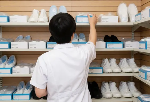 Organized shelves stocked with medical supplies and footwear in a clean podiatry office storage area