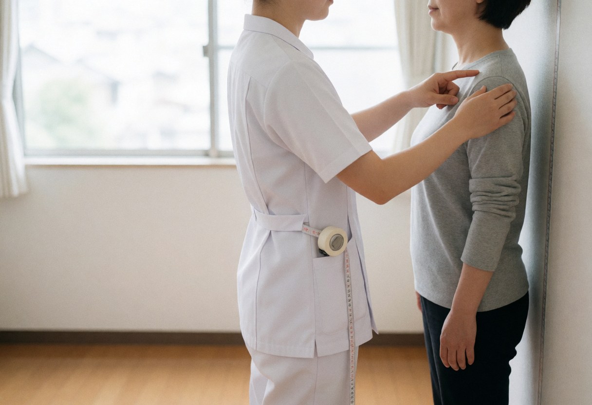 A professional therapist uses a measuring tape to assess a client's spinal alignment during a postural evaluation session in a bright clinical room.