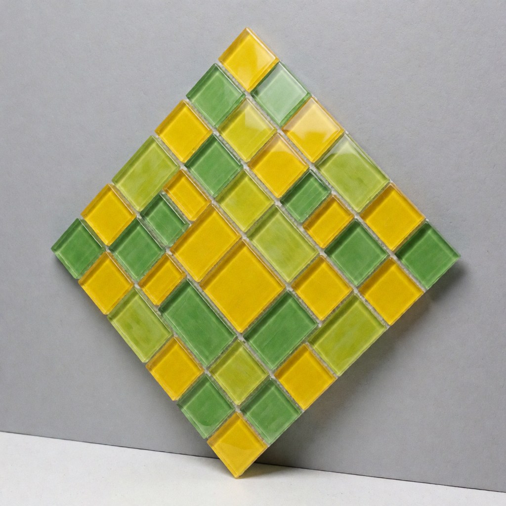 Decorative mosaic panel featuring yellow and green glass pieces in a geometric pattern, displayed against a neutral gray wall for kitchen or bathroom design.
