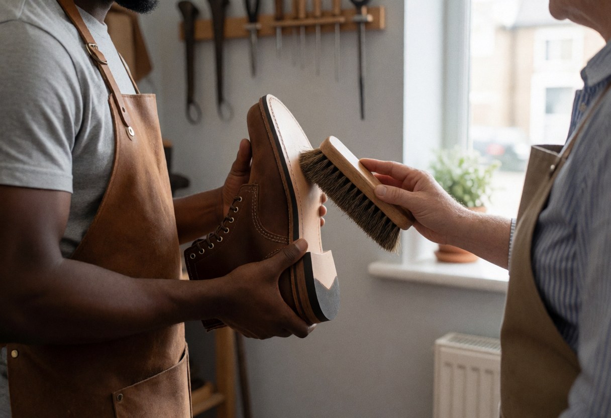 Close-up of a cobbler's hands using a brush to clean and polish a pair of leather shoes during a professional shoe repair service