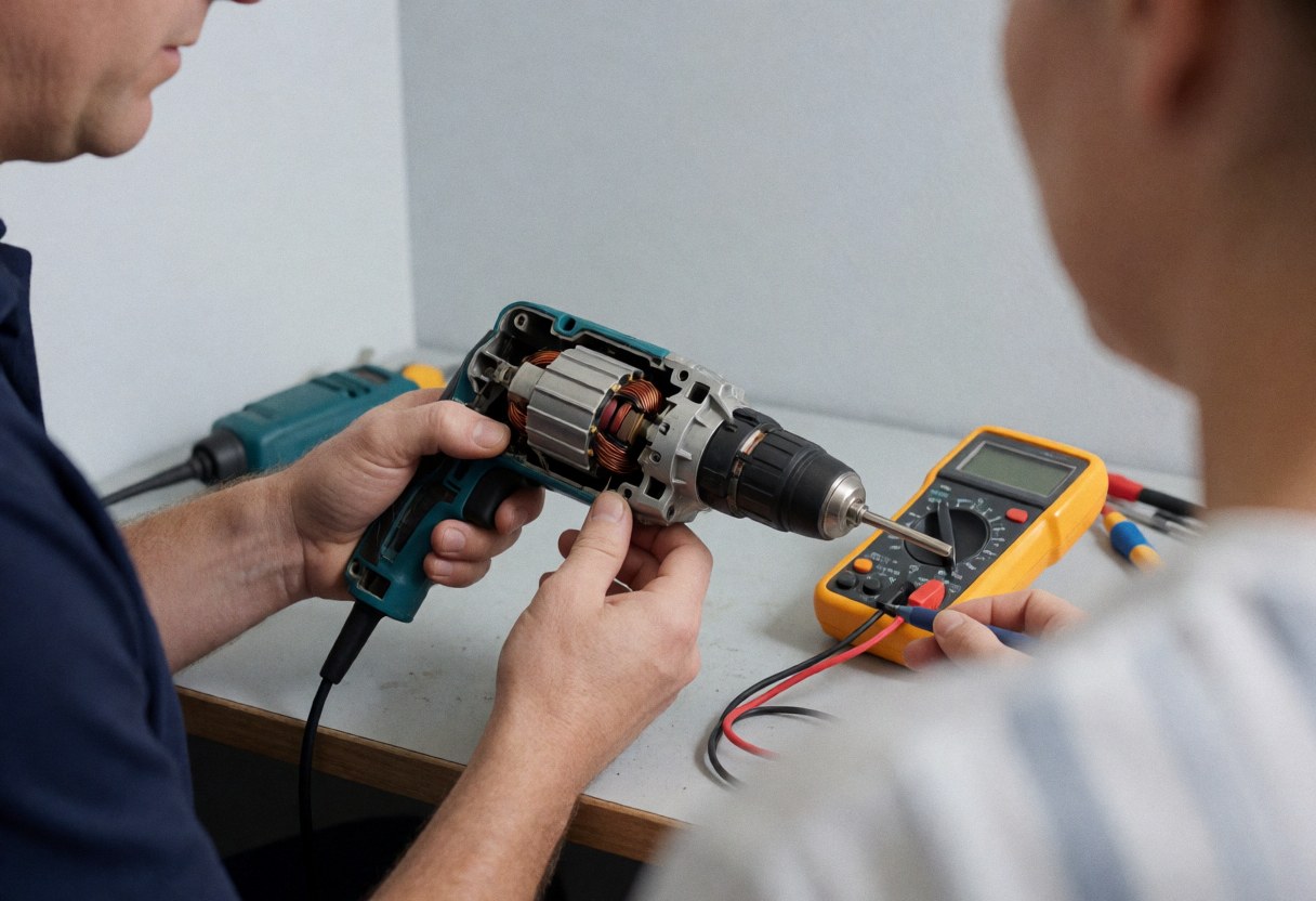 Technician using a multimeter to diagnose and repair an electric drill motor inside a workshop, showing the internal components during service.