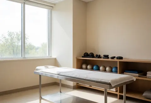 Clean physiotherapy room featuring a stainless steel treatment table, therapy balls on wooden shelves, beige walls, and natural light from a window.
