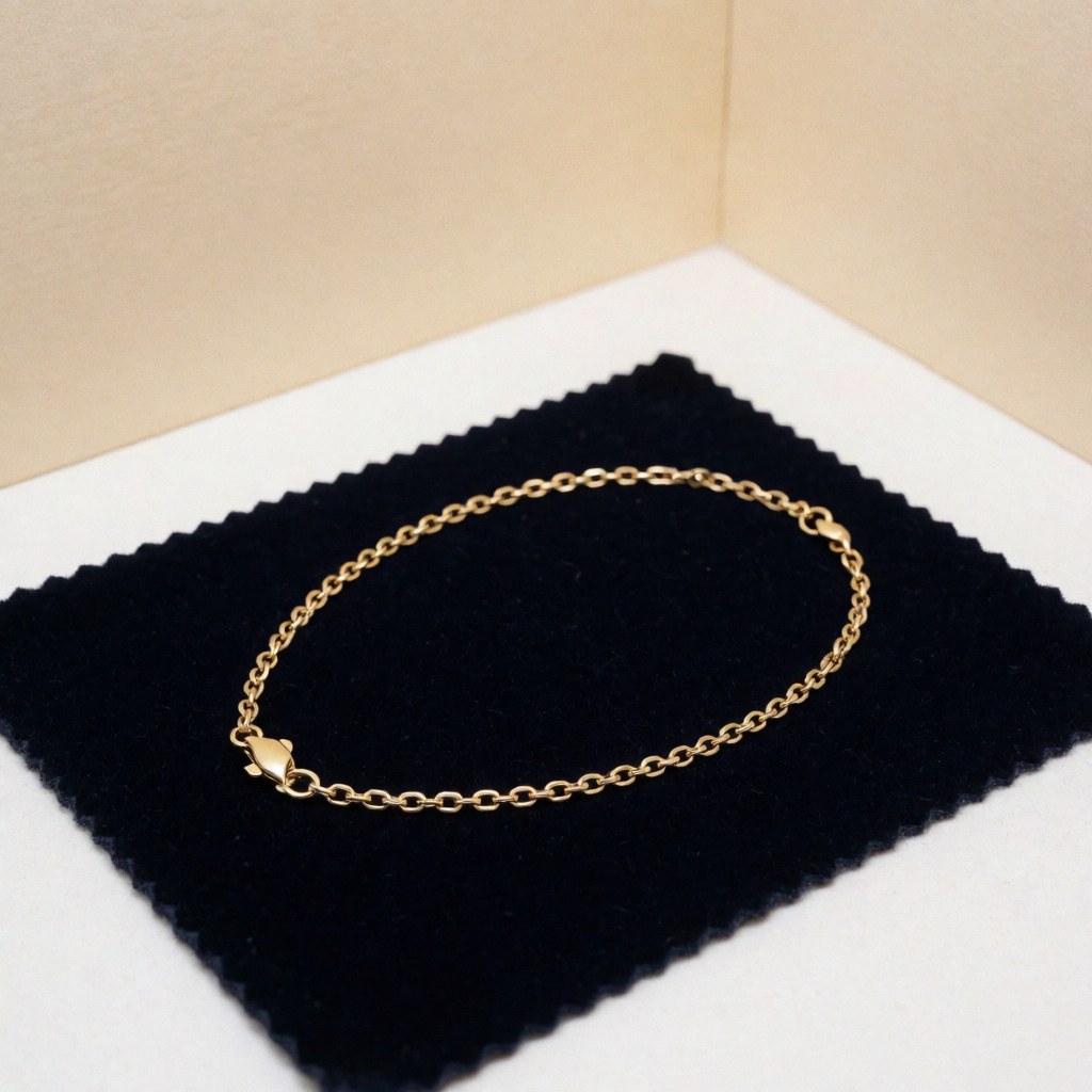 Gold necklace with cat clasp on black velvet, beige background, professional lighting, restored high quality product