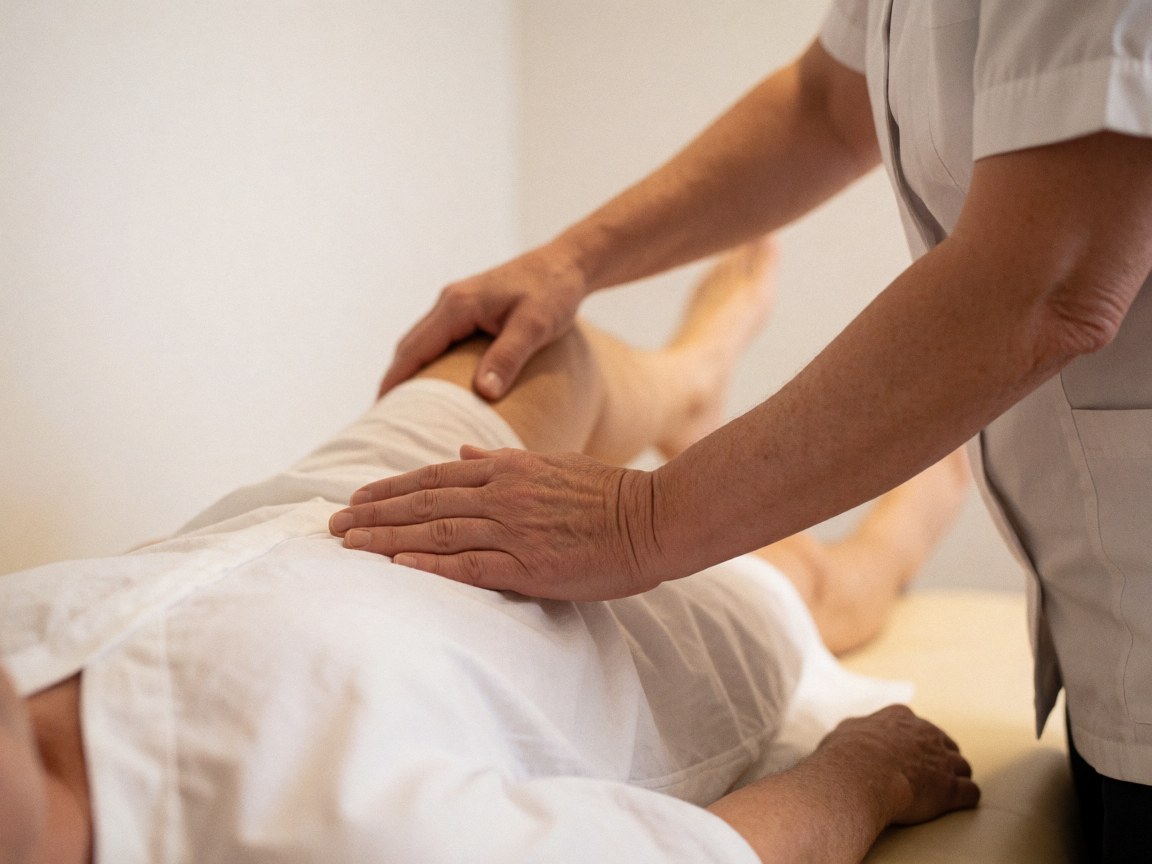 An osteopath in a white uniform assesses a patient's knee mobility while lying on a treatment bed in a calm, well-lit room.