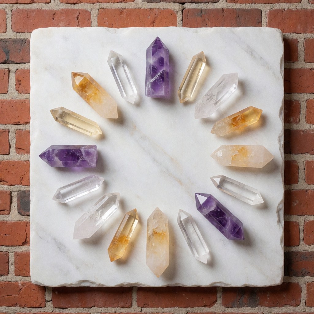 Ametrine, citrine, and quartz crystals arranged in a circle on a white stone surface with a red brick wall background, ideal for healing and meditation products.