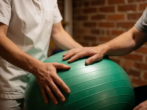 A physiotherapist in a white uniform stabilizes a green ball held by a patient, focusing on hands and ball texture in a brick-walled room.