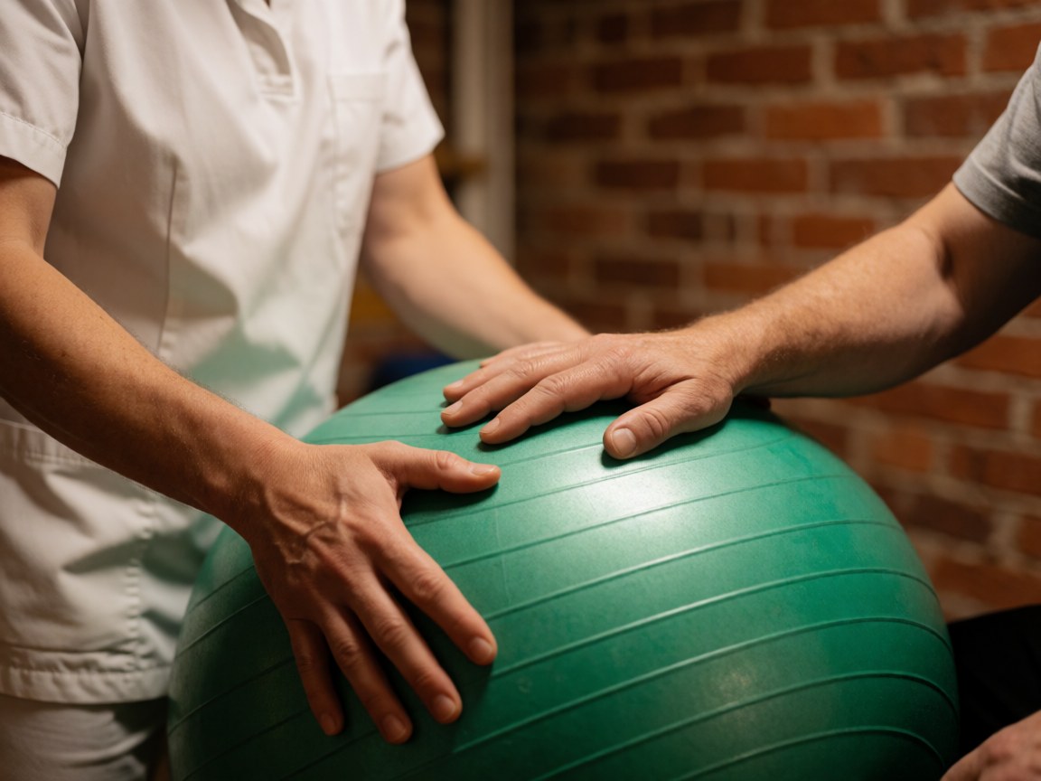 A physiotherapist in a white uniform stabilizes a green ball held by a patient, focusing on hands and ball texture in a brick-walled room.