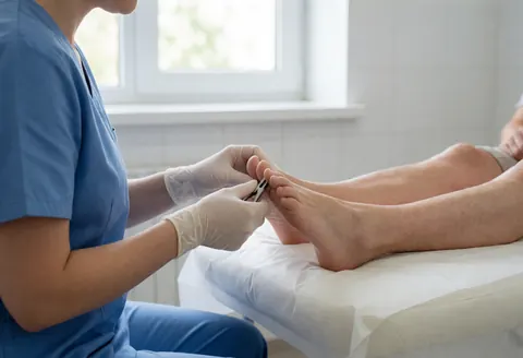 Podiatrist wearing gloves using tweezers on a patient's foot on a white bed in a clinic with tiled walls and natural light