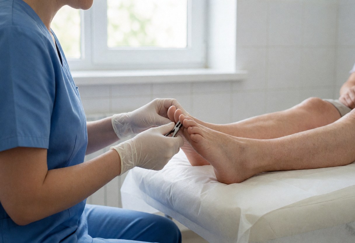 Podiatrist wearing gloves using tweezers on a patient's foot on a white bed in a clinic with tiled walls and natural light