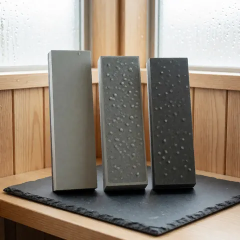 Three rectangular sharpening stones with varying grits and water droplets on a dark slate surface near a wooden window frame.