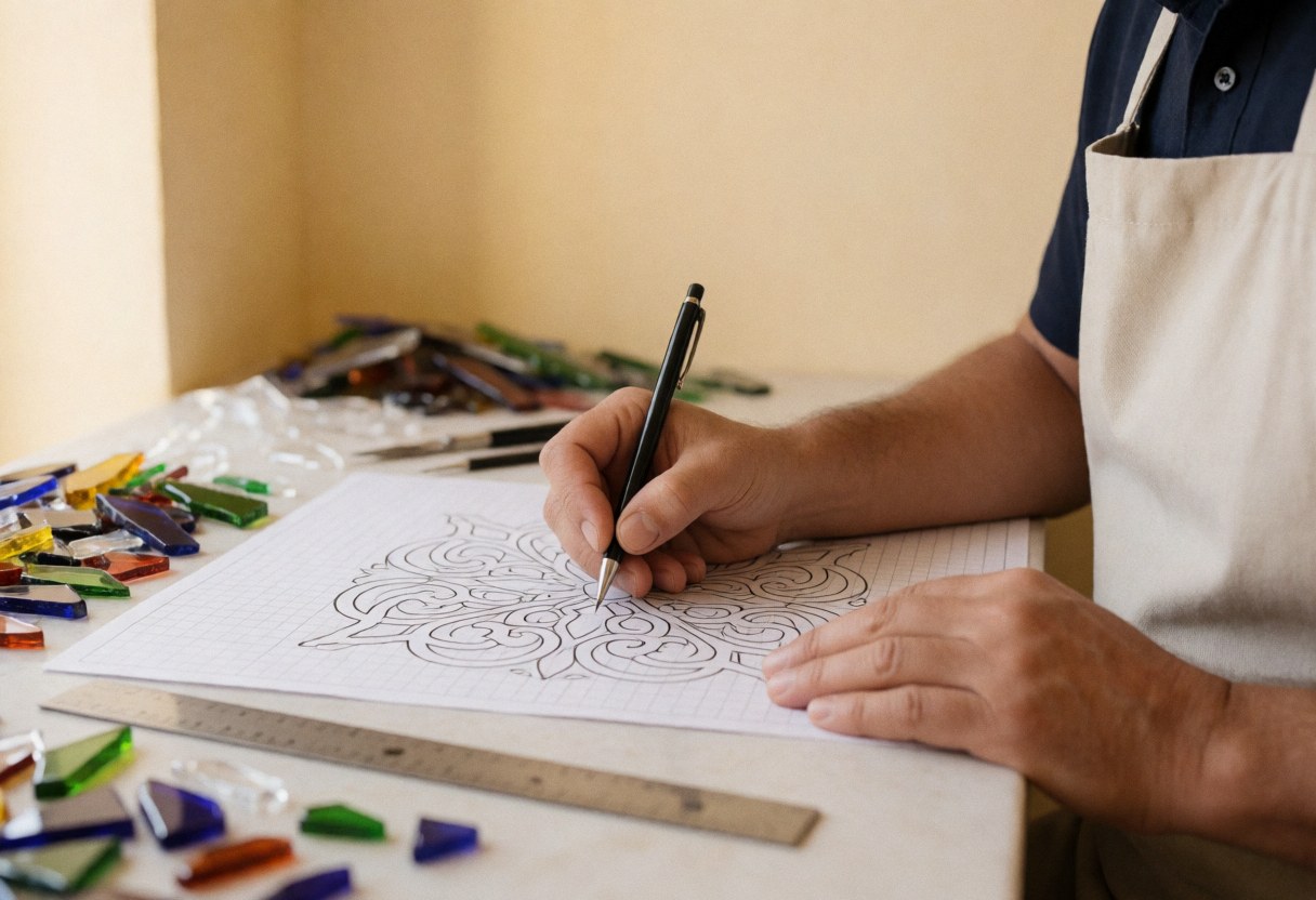 Professional artist drawing a decorative glass pattern on grid paper with glass fragments and ruler on a work table.