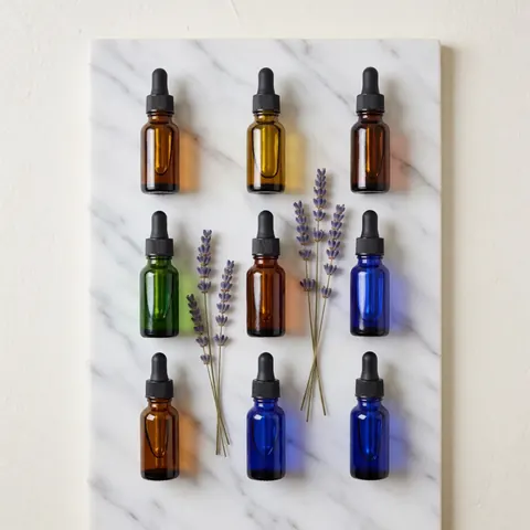 Ten glass dropper bottles with colored liquids on white marble surface with dried lavender sprigs and soft professional lighting
