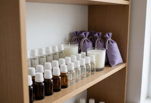 Wooden shelf displaying essential oil bottles, white candles, and purple lavender sachets in a clean professional aromatherapy setting