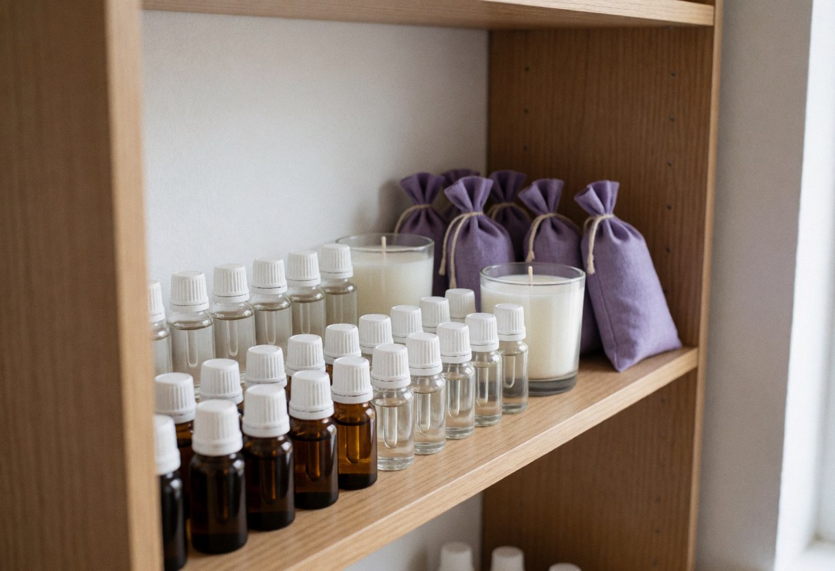 Wooden shelf displaying essential oil bottles, white candles, and purple lavender sachets in a clean professional aromatherapy setting
