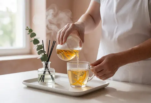 Close-up of hands preparing a detox tea blend with eucalyptus and carrots in a cup for an aromatherapy treatment