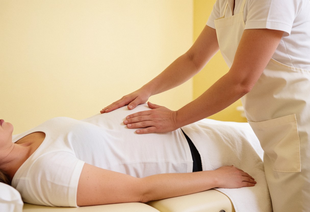 A therapist performs a gentle prenatal massage on a pregnant woman using essential oils for relaxation and comfort.