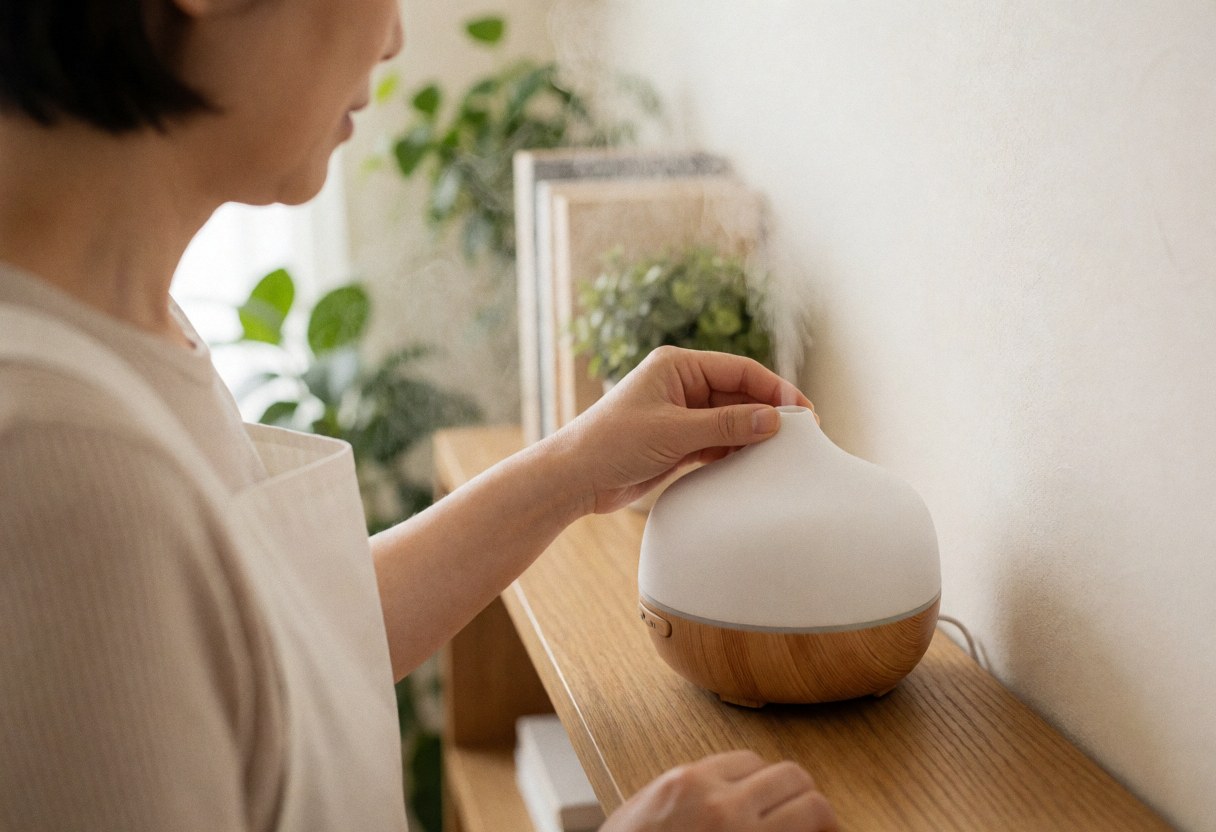 A therapist adjusts an aromatherapy diffuser on a wooden shelf with plants and natural light, ideal for wellness services.