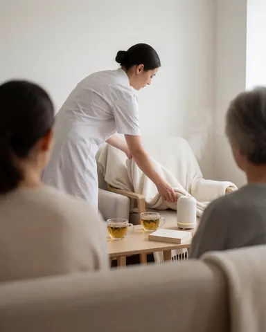 Staff member arranging a chair with a blanket, tea, and book in a waiting room with a diffuser and natural light