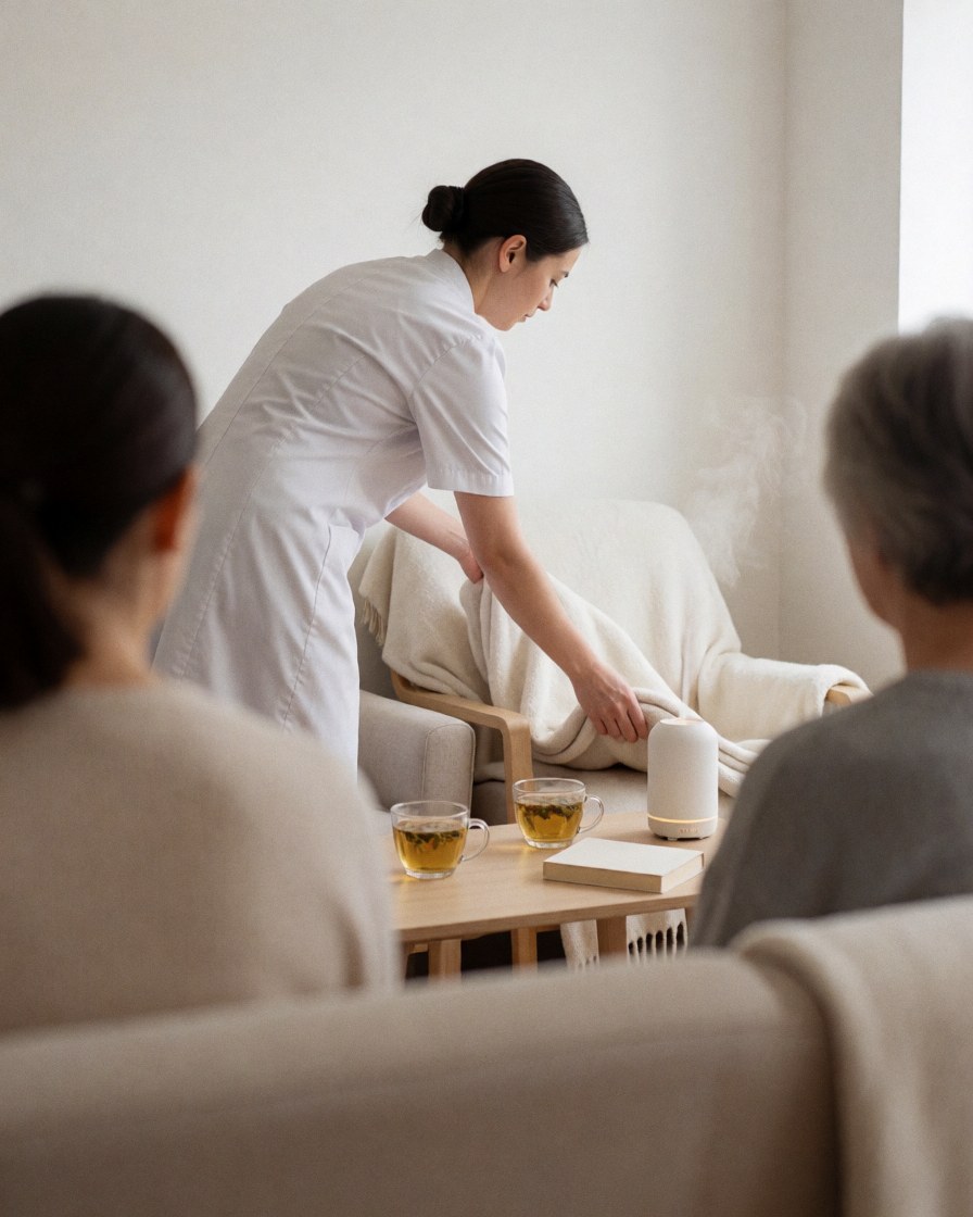 Staff member arranging a chair with a blanket, tea, and book in a waiting room with a diffuser and natural light