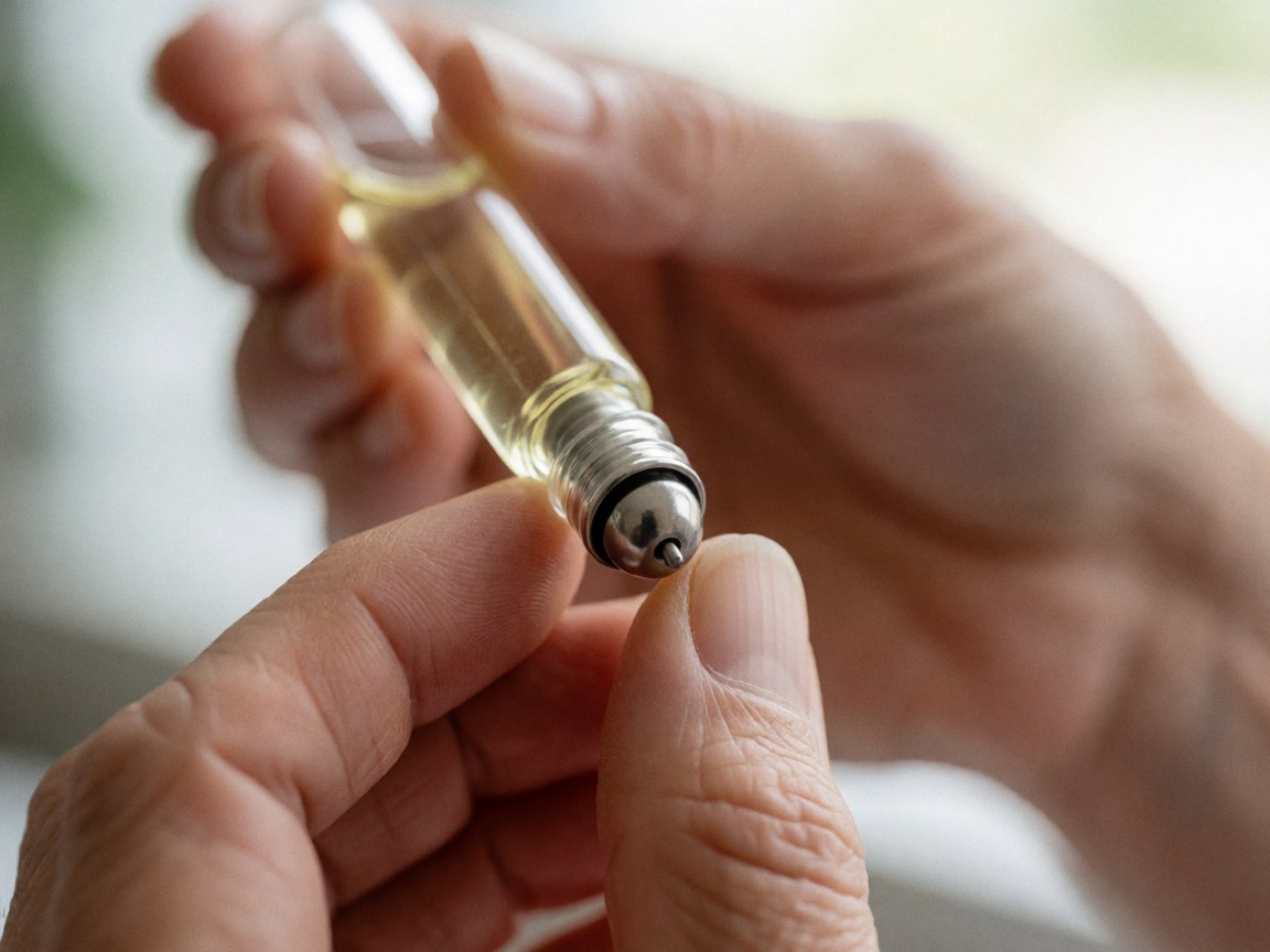 A close-up view of a metal essential oil roller bottle held in hand, highlighting the applicator tip used for aromatherapy and natural skincare treatments.