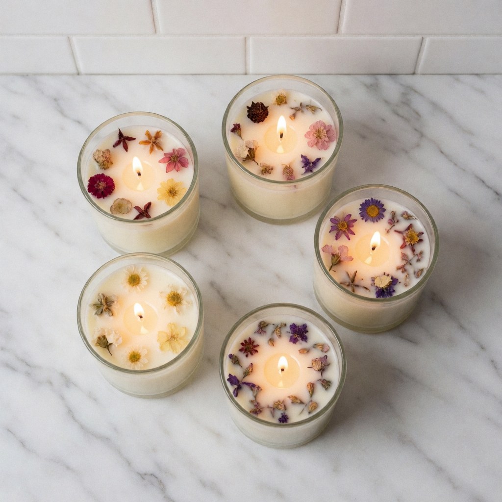 A circle of lit soy candles with dried flowers placed on a white marble surface for aromatherapy and home decor