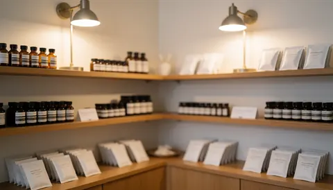 Wooden shelves holding essential oil bottles and white packets under warm lighting, creating a calm aromatherapy background ideal for text overlay