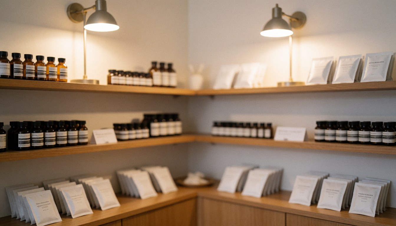 Wooden shelves holding essential oil bottles and white packets under warm lighting, creating a calm aromatherapy background ideal for text overlay