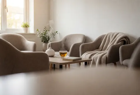 Comfortable waiting area featuring chairs, a tea cup, a book, and an active aroma diffuser illuminated by natural window light.