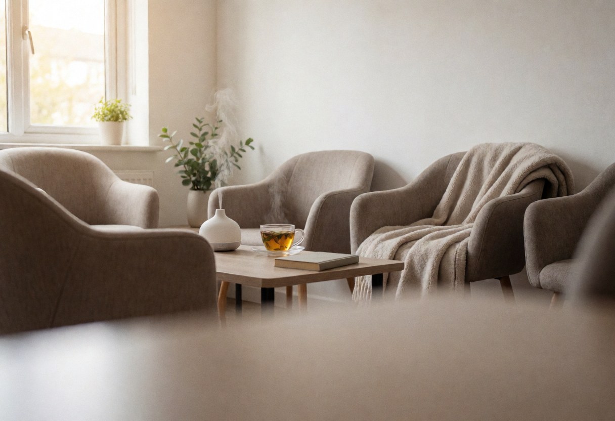 Comfortable waiting area featuring chairs, a tea cup, a book, and an active aroma diffuser illuminated by natural window light.