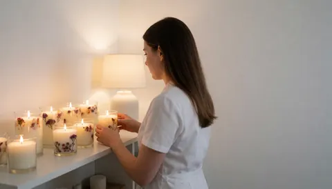 Close-up of aromatic soy wax candles surrounded by dried flowers, emitting a warm glow for aromatherapy and relaxation