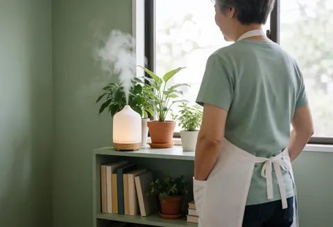 A female aromatherapy therapist stands near a diffuser, observing the mist in a calm room with plants and books.