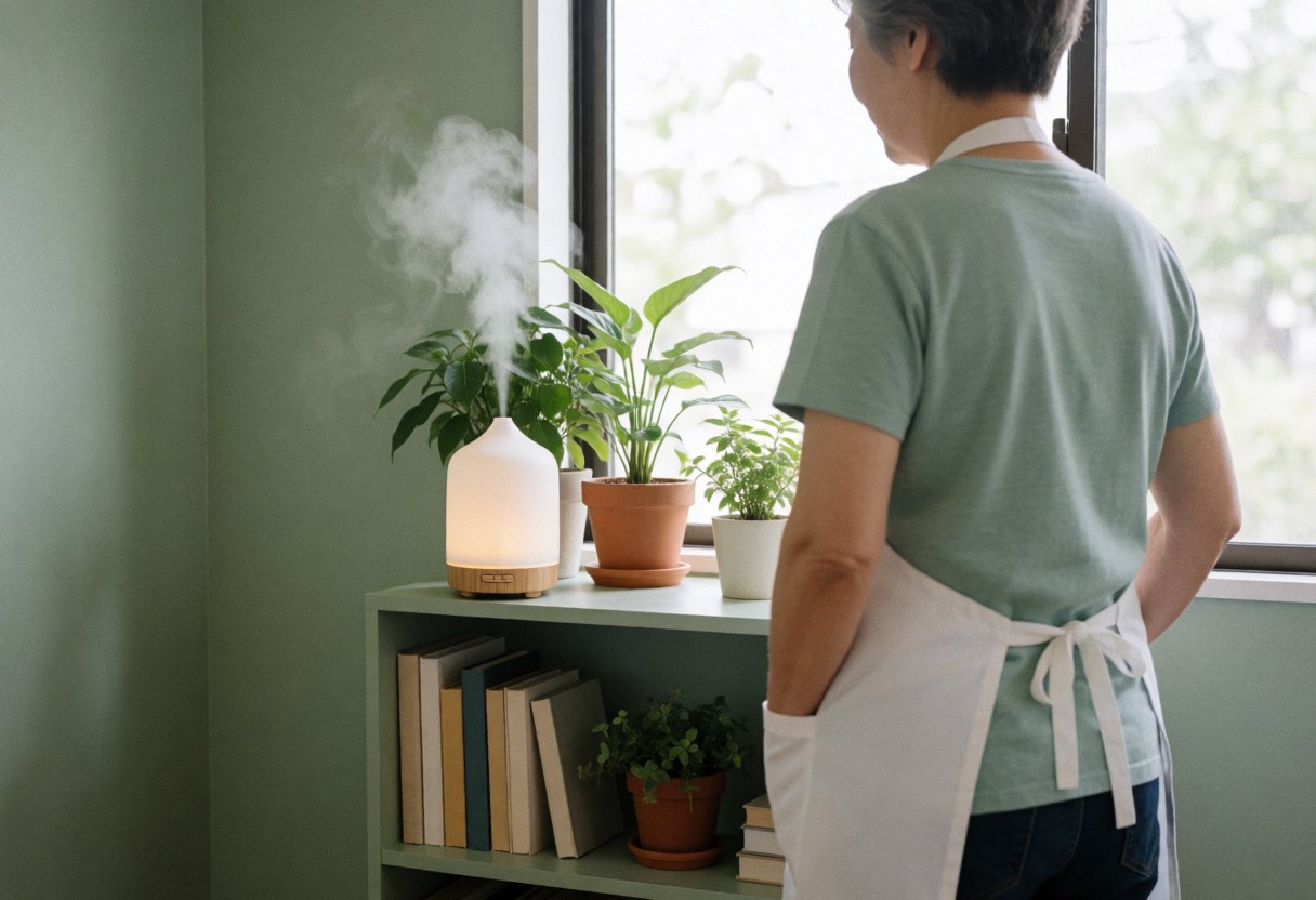 A female aromatherapy therapist stands near a diffuser, observing the mist in a calm room with plants and books.