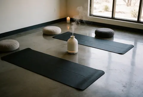 A quiet meditation room featuring a yoga mat, floor cushion, and aromatic diffuser emitting soft smoke near a window with natural light and polished concrete floors
