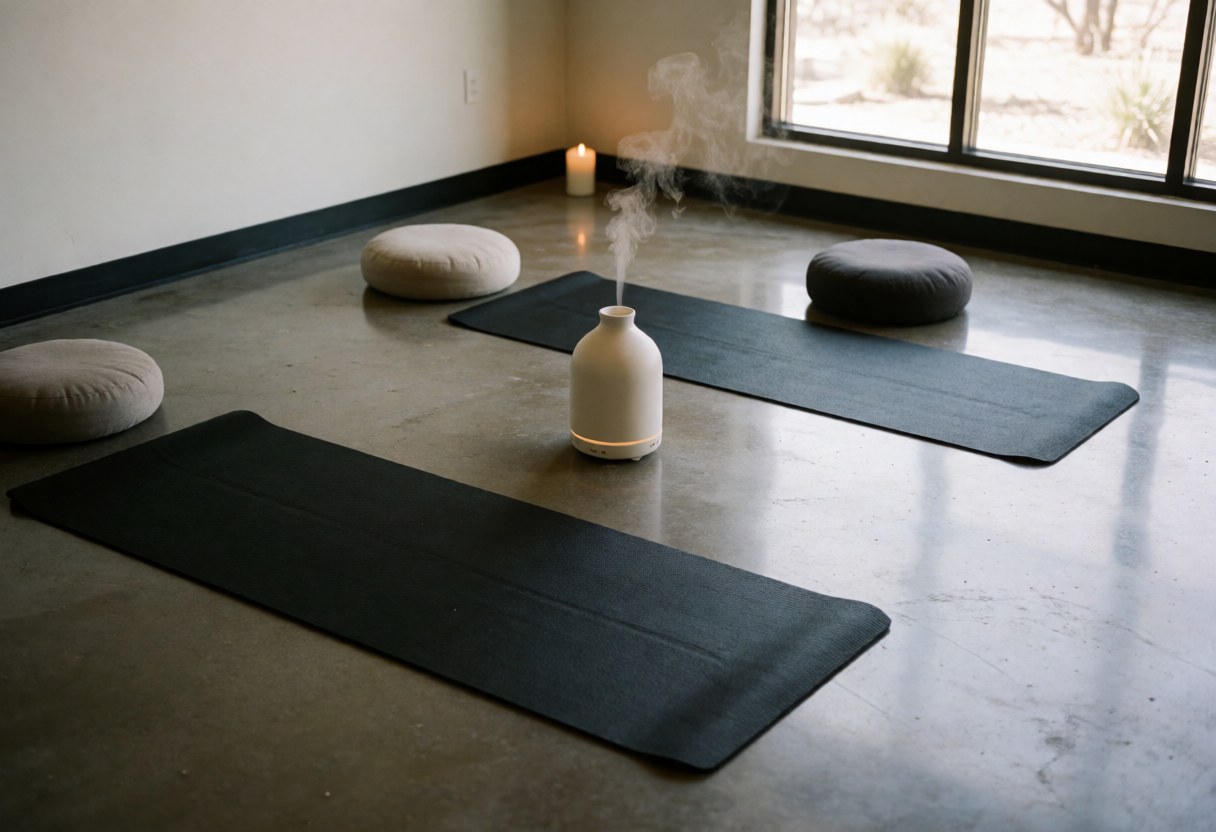 A quiet meditation room featuring a yoga mat, floor cushion, and aromatic diffuser emitting soft smoke near a window with natural light and polished concrete floors