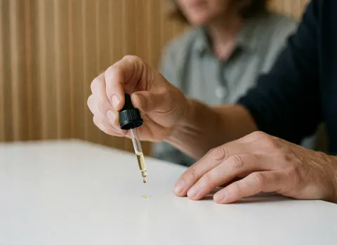 Essential oil drops falling from a glass dropper onto a white surface with blurred wooden background for aromatherapy