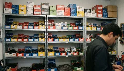 Metal shelving unit stocked with bicycle spare parts including tires, chains, cables, and tools in a professional repair shop