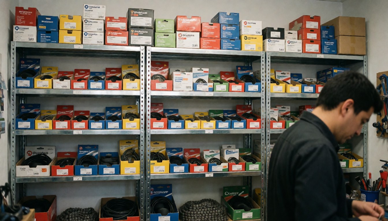 Metal shelving unit stocked with bicycle spare parts including tires, chains, cables, and tools in a professional repair shop