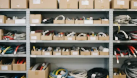 Out-of-focus background showing organized shelves with bicycle spare parts, cables, and repair tools in a workshop setting