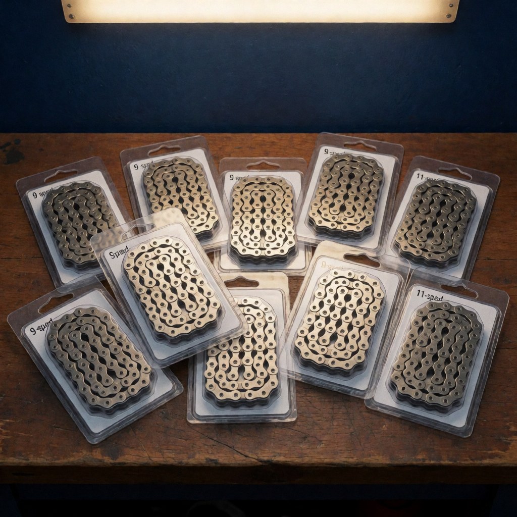 New bicycle chains in blister packaging on a wooden bench with a navy blue wall and warm lighting for bike repair and spare parts