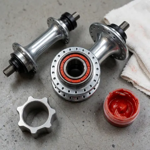 Close-up of a sealed bicycle hub with red lubricant, a clean cloth, and tools for bike repair and maintenance