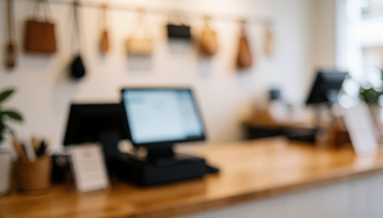 A clean wooden counter surface with soft lighting, bicycle repair tools, and a cash register, ideal for business text overlays.