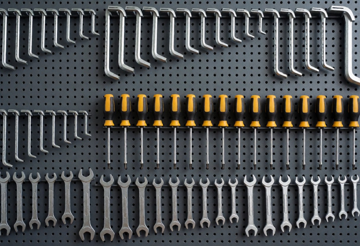 Neatly arranged bicycle repair tools including wrenches, screwdrivers, and tube keys mounted on a pegboard wall in a clean professional workshop.