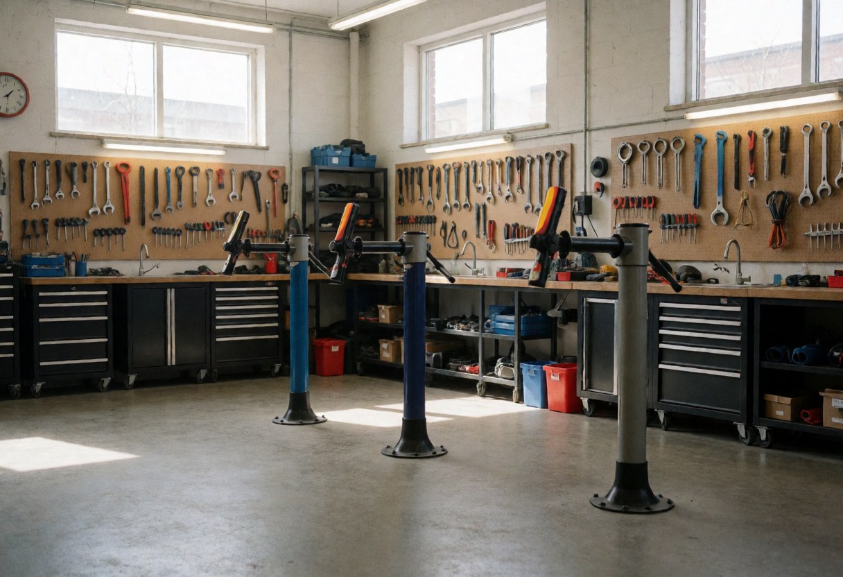 A clean and organized bicycle repair shop interior featuring hanging tools, a workbench, and natural light from a window.