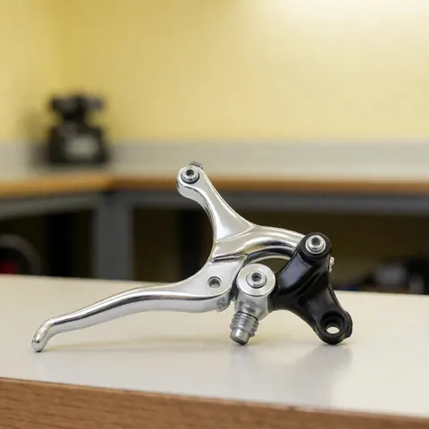 Close-up of clean bicycle brake calipers and levers resting on a metal workbench with a blurred yellow wall background, ready for installation and repair.