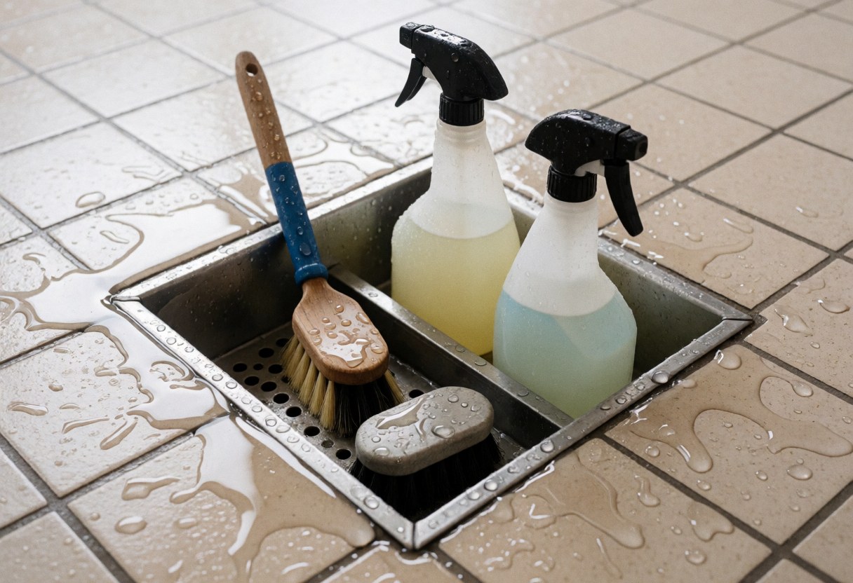 Stack of cleaning brooms and spray bottles near a bike repair shop. Wet tiled floor reflects bright light, highlighting metal tools and water droplets.