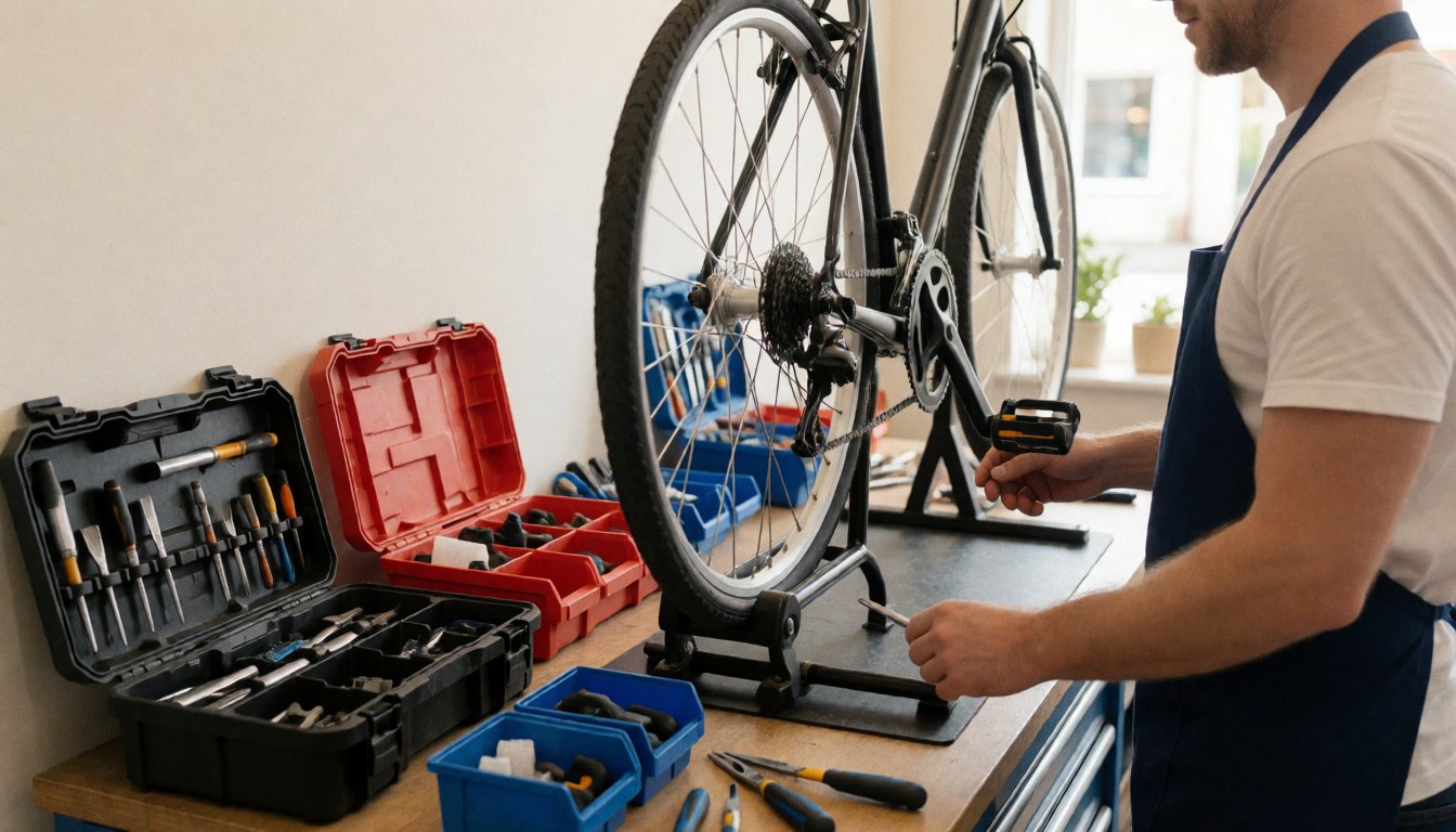 A technician uses tools to fix a bicycle chain in a well-lit workshop, showing realistic professional repair work.