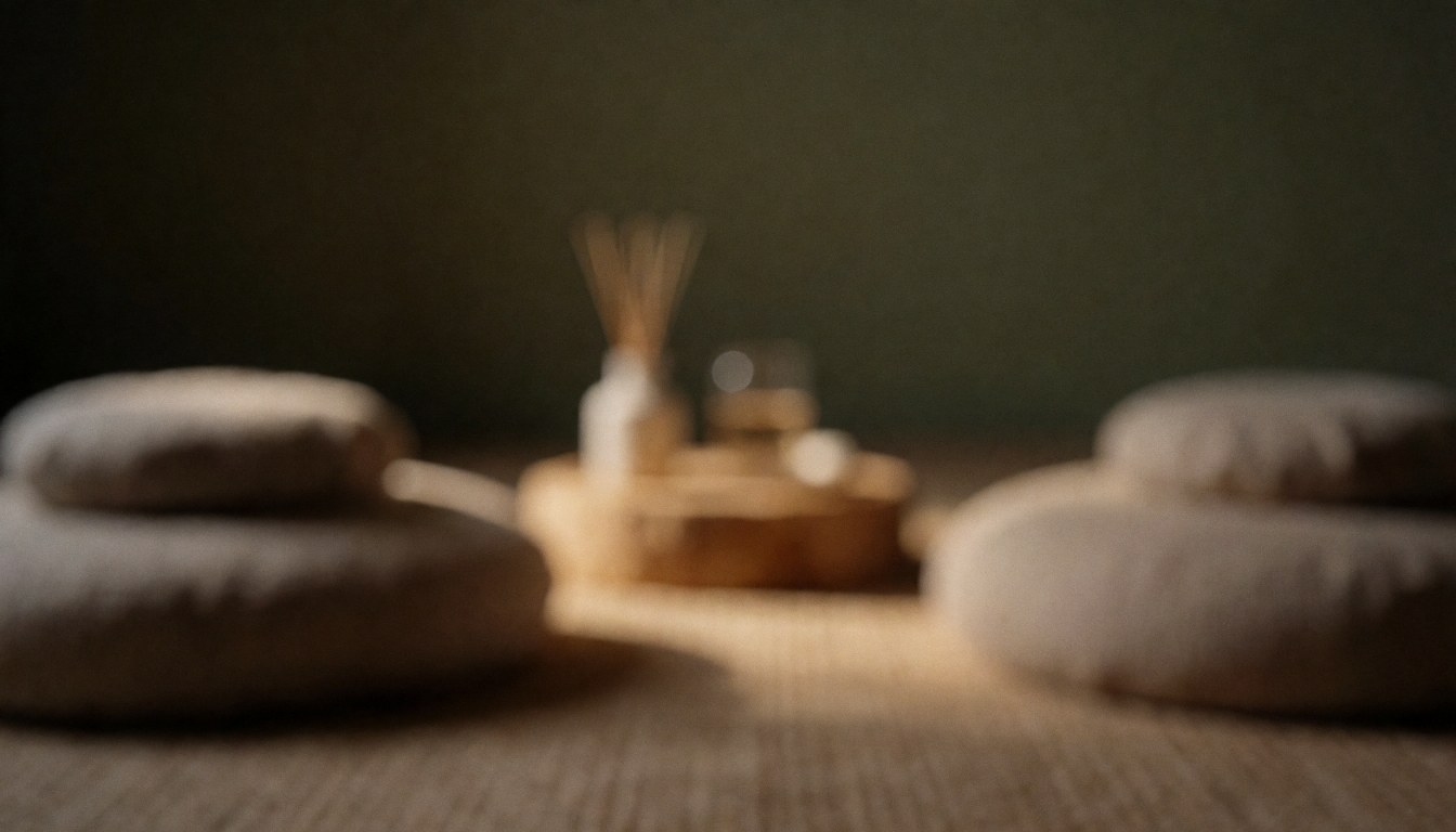 Softly lit zen room background featuring earth-toned meditation cushions, an essential oil diffuser, and warm wooden textures for a calm atmosphere