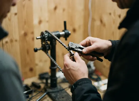 Close-up of hands using a specialized tool to cut a bicycle chain in a workshop with wooden walls and soft natural lighting